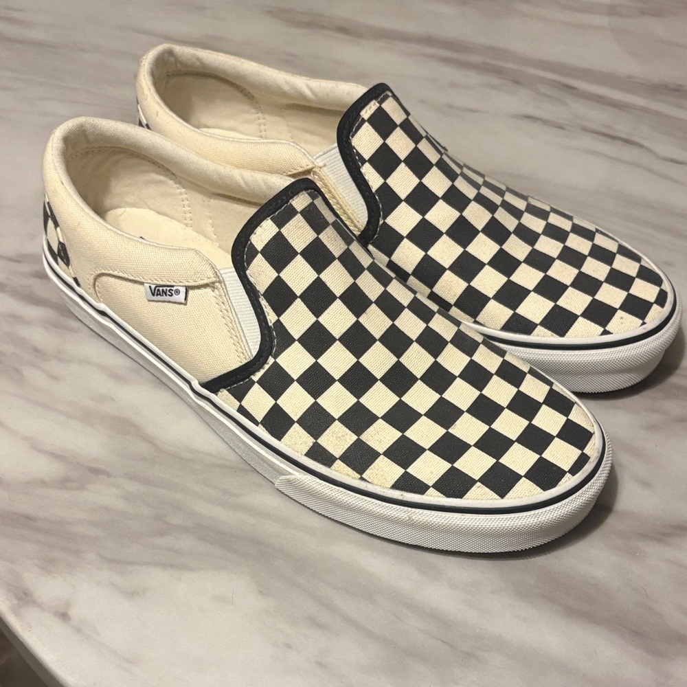 Vans Men's Cream and Black Checkered Slip-On Sneakers